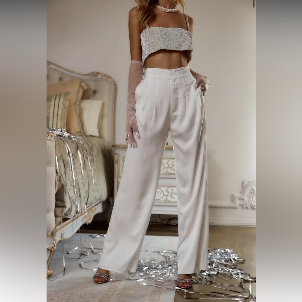 12th Tribe White Halley Satin Trousers NWT!